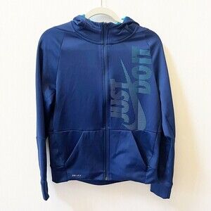 Nike Dri Fit Therma Boys XL Blue Full Zip Track Jacket Hooded Spell Out Logo